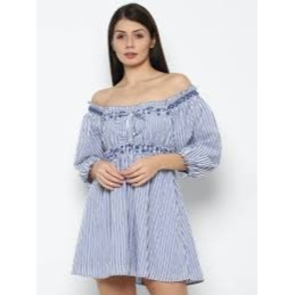 American Eagle Blue White Striped Puff Sleeve Babydoll Dress Women Size M